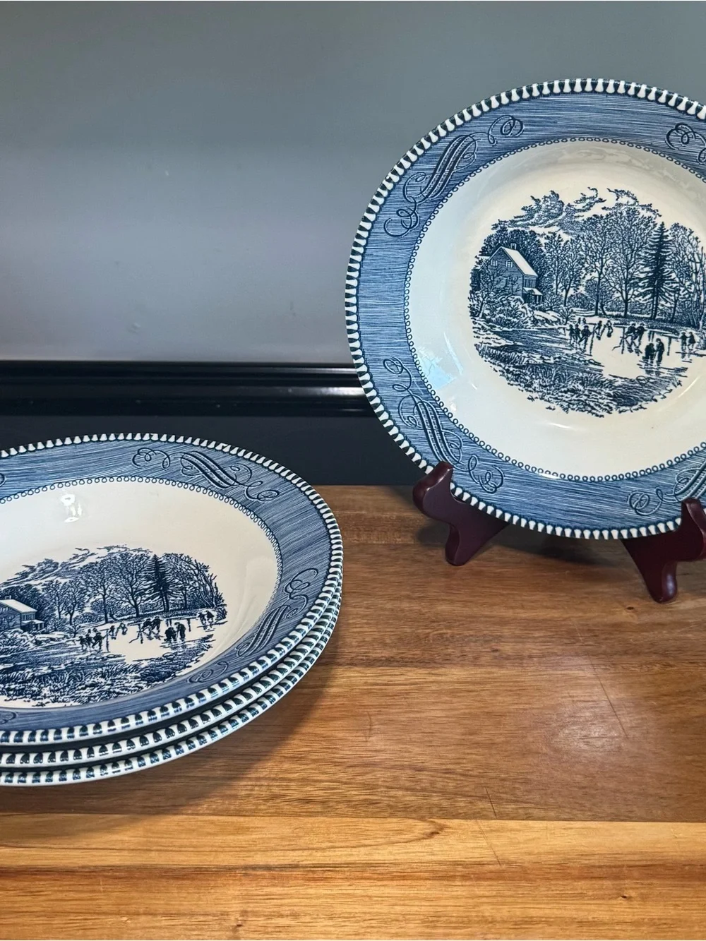 Set of 4 Currier & Ives Early Winter Blue/White Ceramic Bowls USA - HDTote1